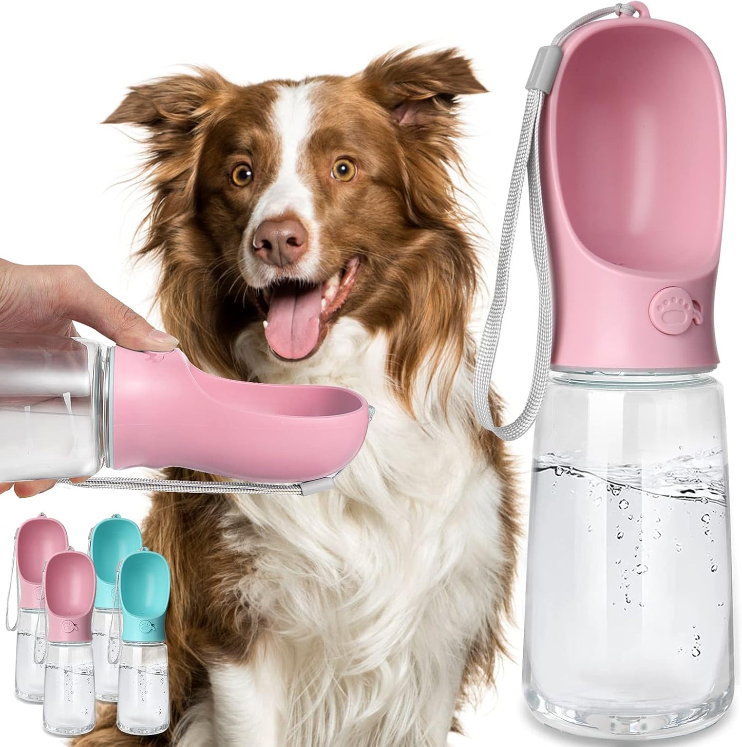 Portable Dog Water Bottle with Leak-Proof Design and Integrated Bowl for Outdoor Activities, Food Grade Plastic (19 oz, Pink)