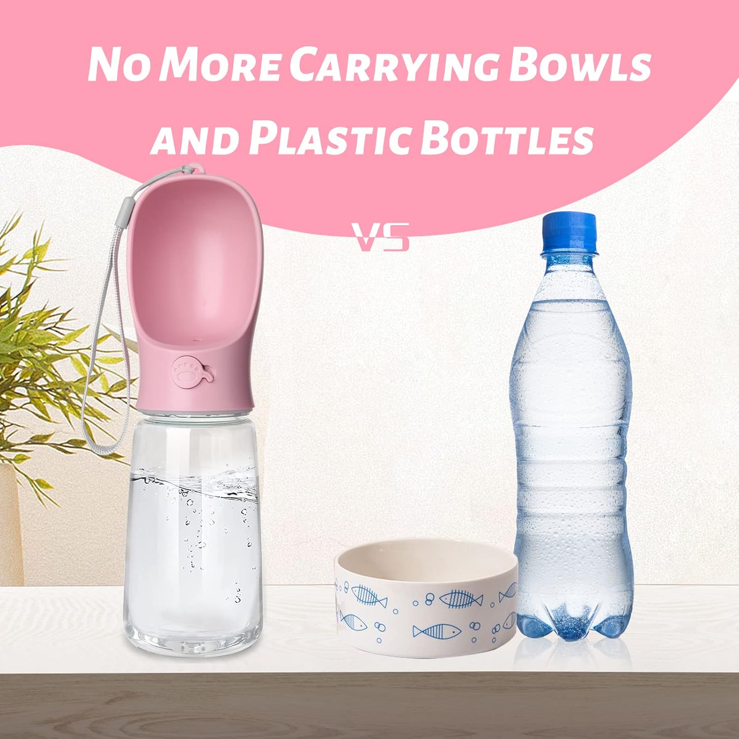 Portable Dog Water Bottle with Leak-Proof Design and Integrated Bowl for Outdoor Activities, Food Grade Plastic (19 oz, Pink)