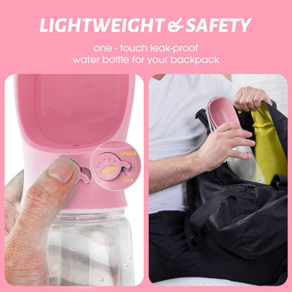 Portable Dog Water Bottle with Leak-Proof Design and Integrated Bowl for Outdoor Activities, Food Grade Plastic (19 oz, Pink)