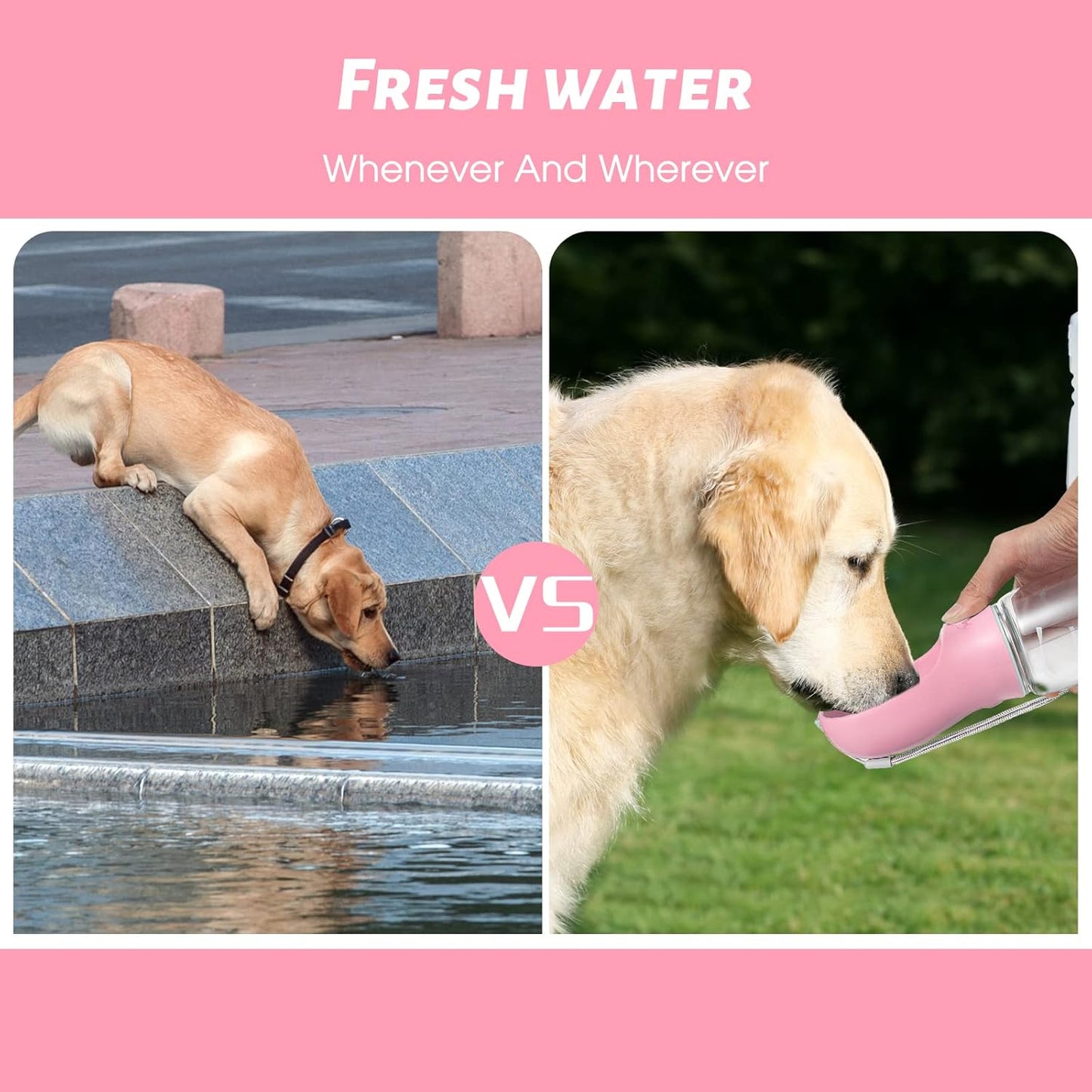 Portable Dog Water Bottle with Leak-Proof Design and Integrated Bowl for Outdoor Activities, Food Grade Plastic (19 oz, Pink)