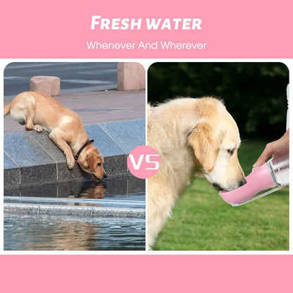 Portable Dog Water Bottle with Leak-Proof Design and Integrated Bowl for Outdoor Activities, Food Grade Plastic (19 oz, Pink)