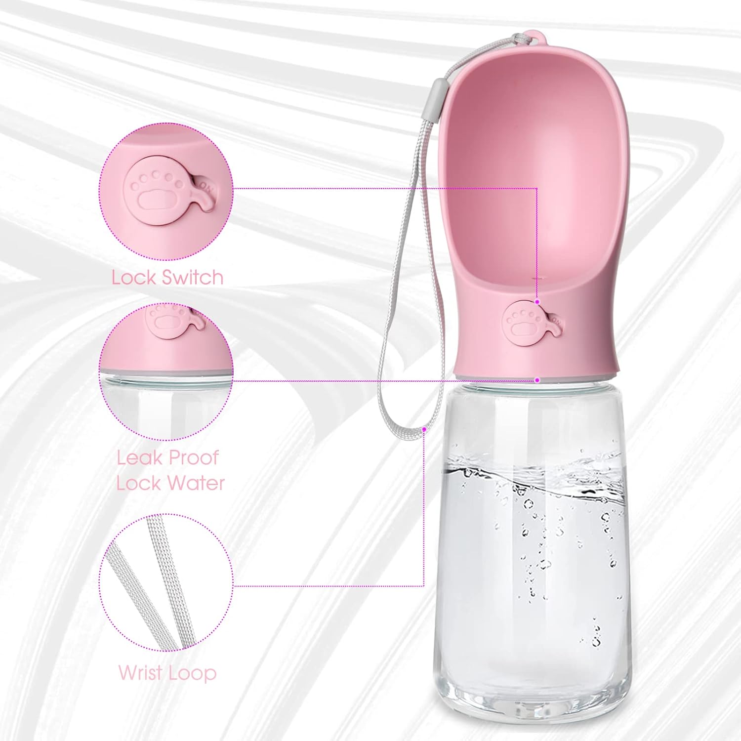 Portable Dog Water Bottle with Leak-Proof Design and Integrated Bowl for Outdoor Activities, Food Grade Plastic (19 oz, Pink)